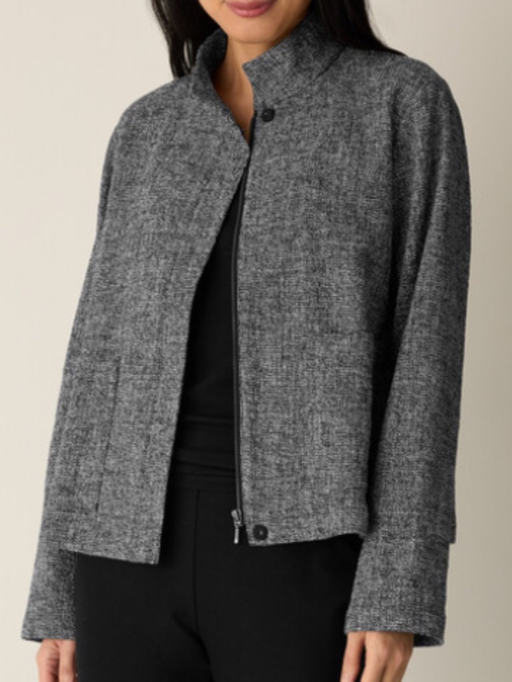 EILEEN FISHER ORGANIC COTTON SALT & PEPPER TWEED STAND COLLAR JACKET